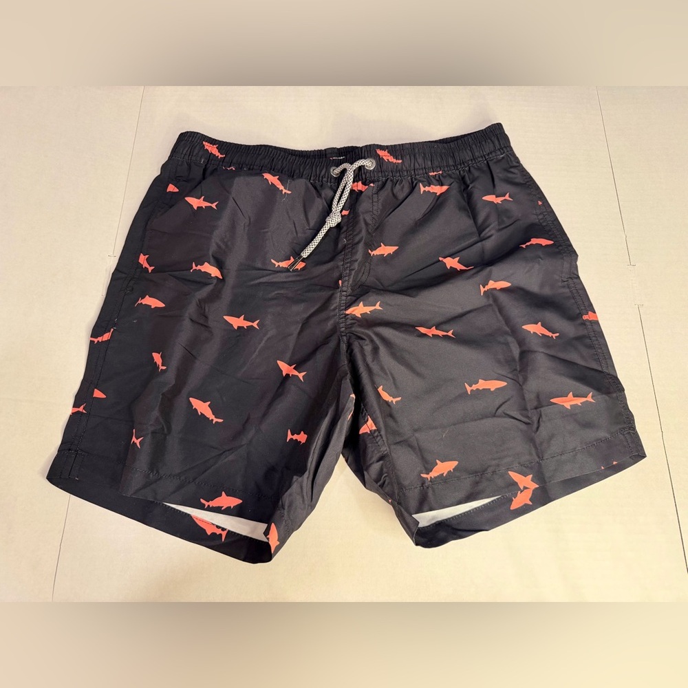 Men's Navy Swim Trunks with Pink Shark Print